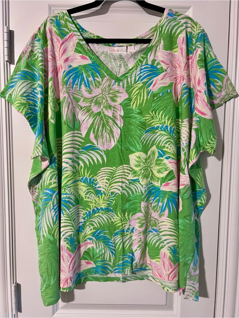 Belle by Kim Gravel Tropical V-Neck Tunic in Lime Green, Pink and Aqua